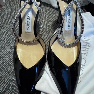 Jimmy Choo Black Patent Leather Heels with Crystal Embellishments